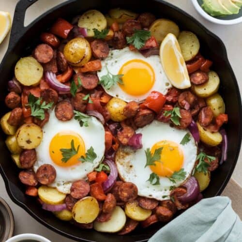 Chorizo and Potato Breakfast Hash in cast iron pan