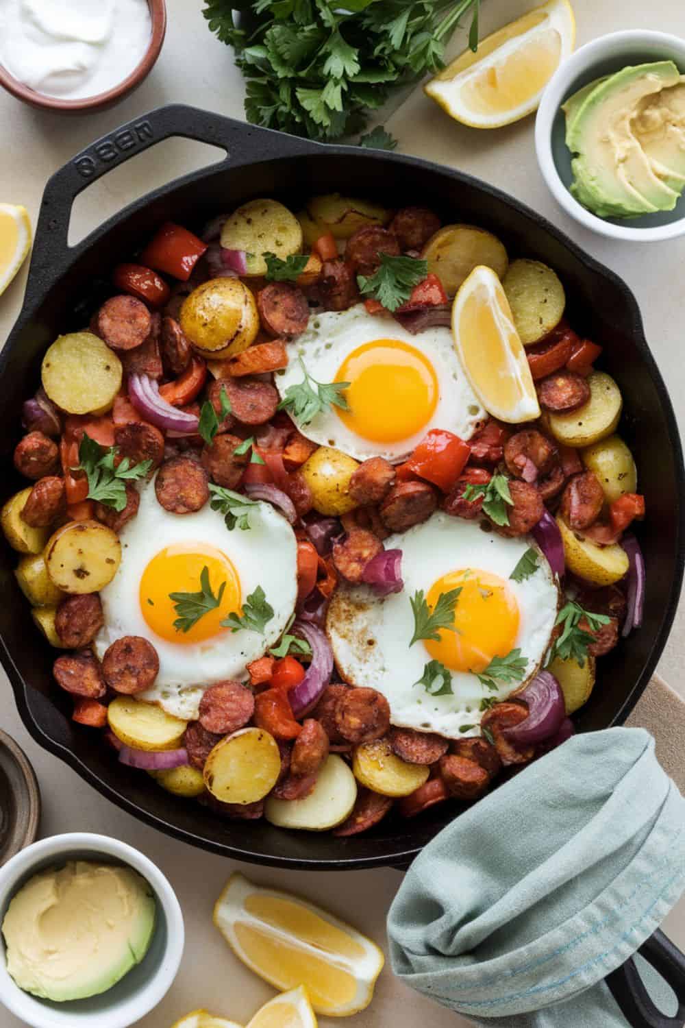 Chorizo and Potato Breakfast Hash in cast iron pan