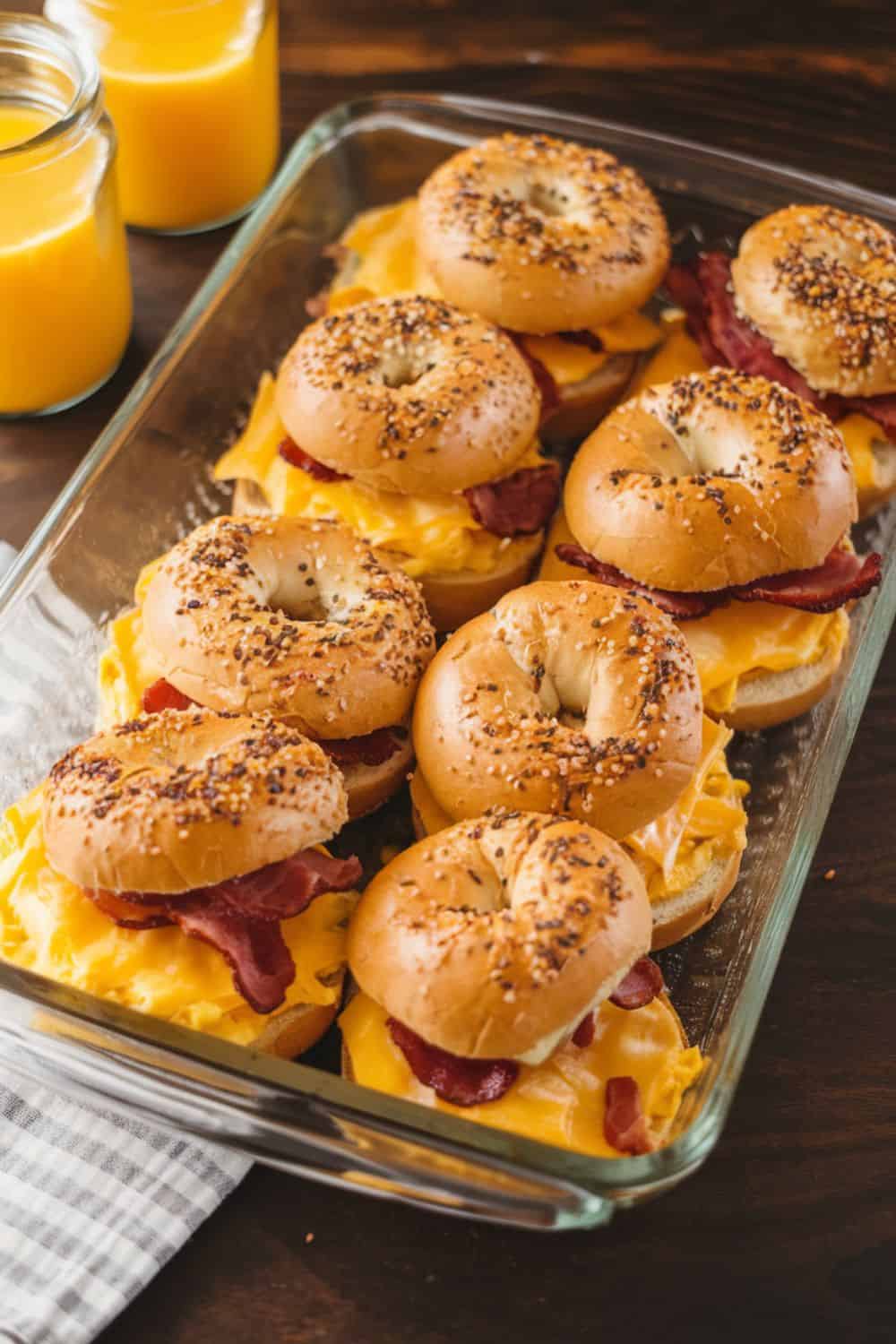 Mini Bagel Breakfast Sandwiches in glass tray