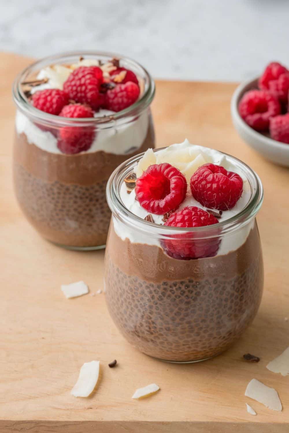 Overnight Chocolate Chia Seed Pudding on a wooden tray