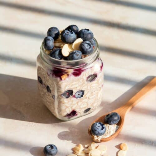 closeup jar of Blueberry and Almond Overnight Oats