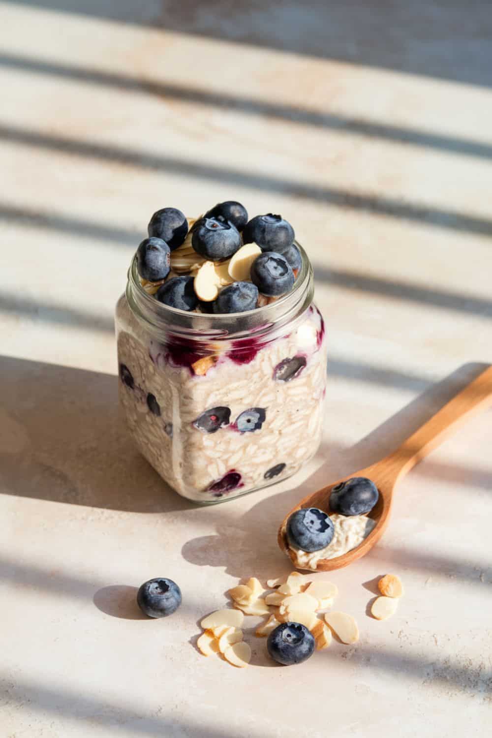 closeup jar of Blueberry and Almond Overnight Oats