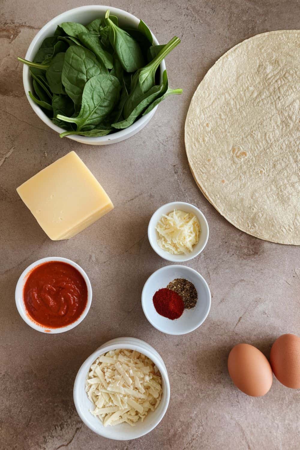 ingredients for egg white and spinach breakfast wraps