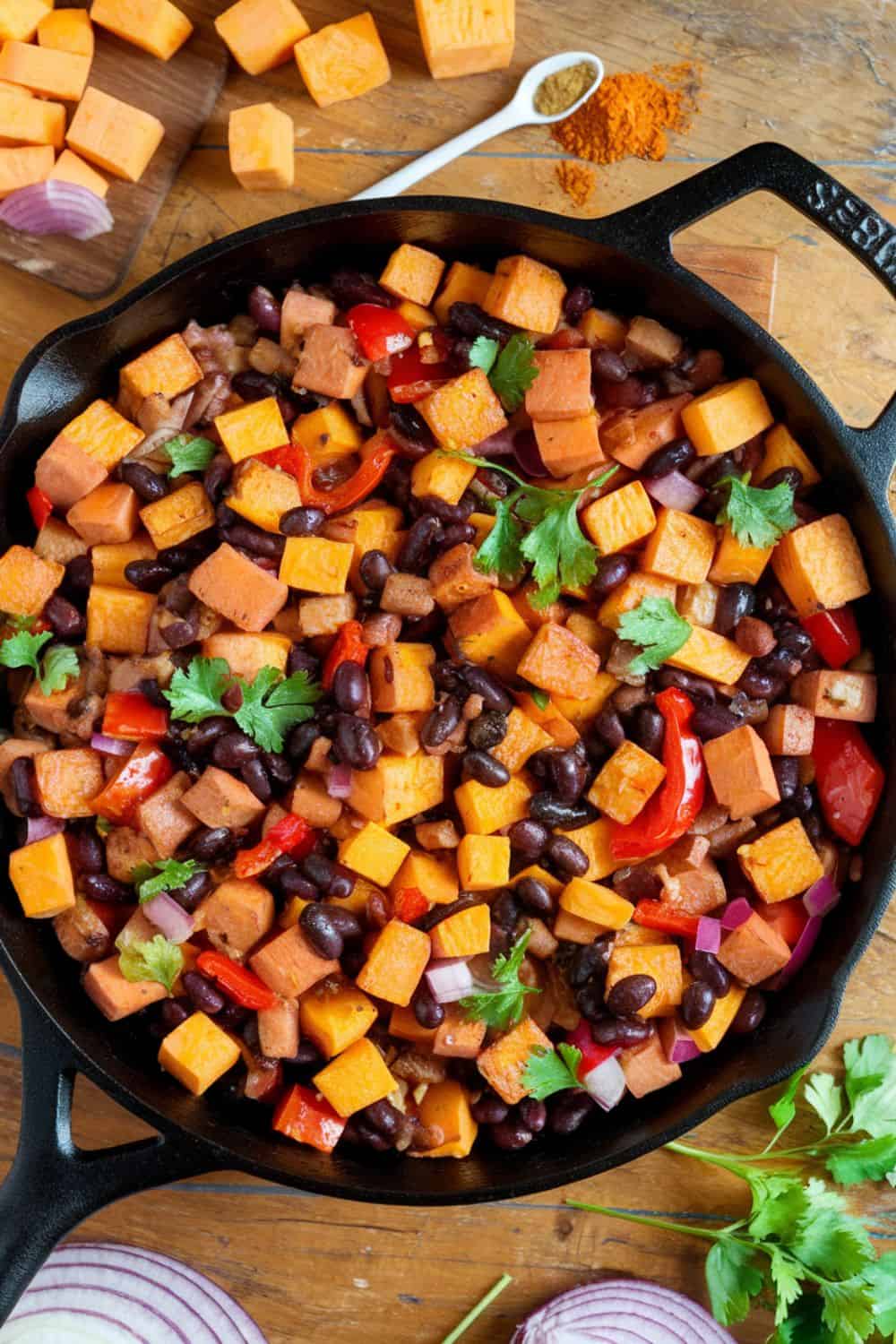 skillet of Sweet Potato and Black Bean Hash