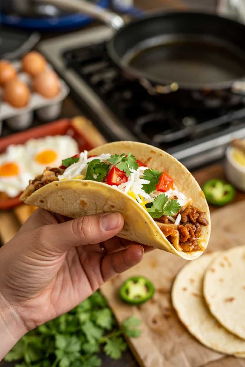 brisket breakfast taco in hand