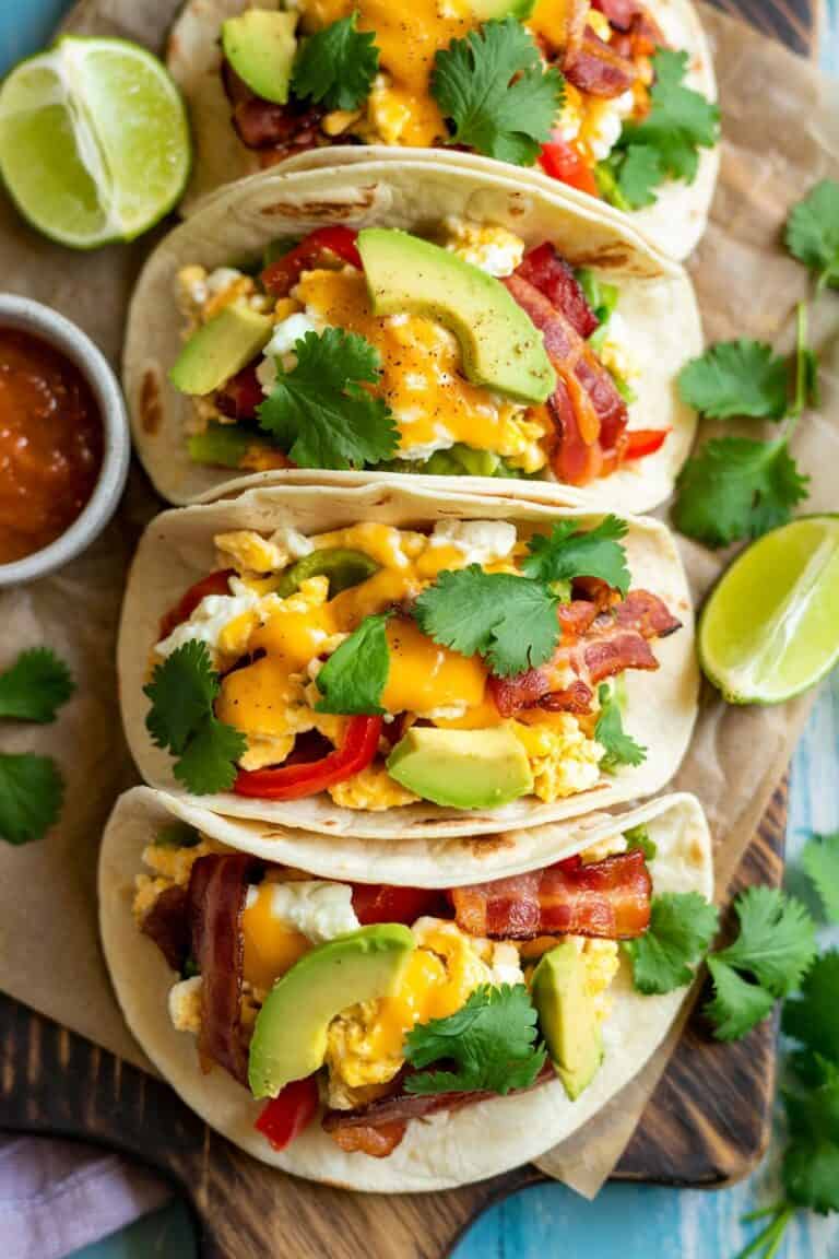 eggs and bacon breakfast tacos top view