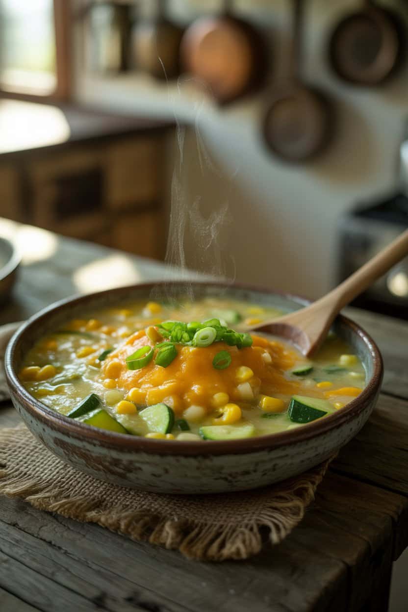 zucchini and corn chowder in a bowl
